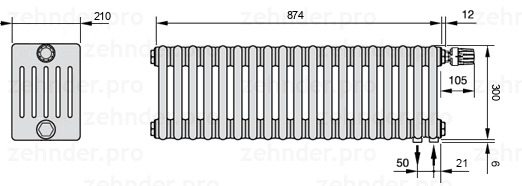Схема (чертеж) Радиатор Zehnder Charleston 6030/19 №V002 Белый глянцевый RAL 9016